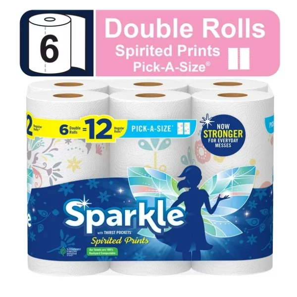 Sparkle Pick-a-Size Paper Towels, Spirited Prints, 6 Double Rolls