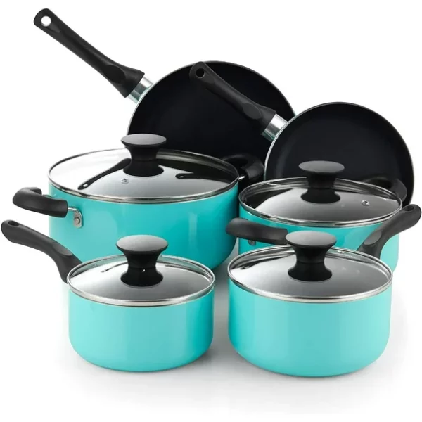 Cook N Home Kitchen Cookware Sets Nonstick, Pots and Pans Set Includes Stockpots, Saucepans, Frying Pans, Dutch Oven Pot with Lids, 10-Piece, Turquoise