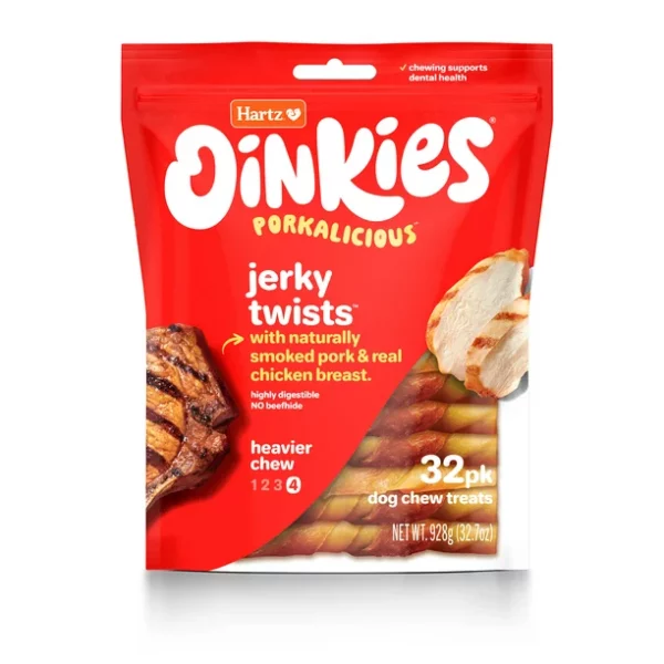 Hartz Oinkies Rawhide-Free Chicken Wrapped Smoked Pig Skin Twists Dog Treats, 32.8oz (32 Count)